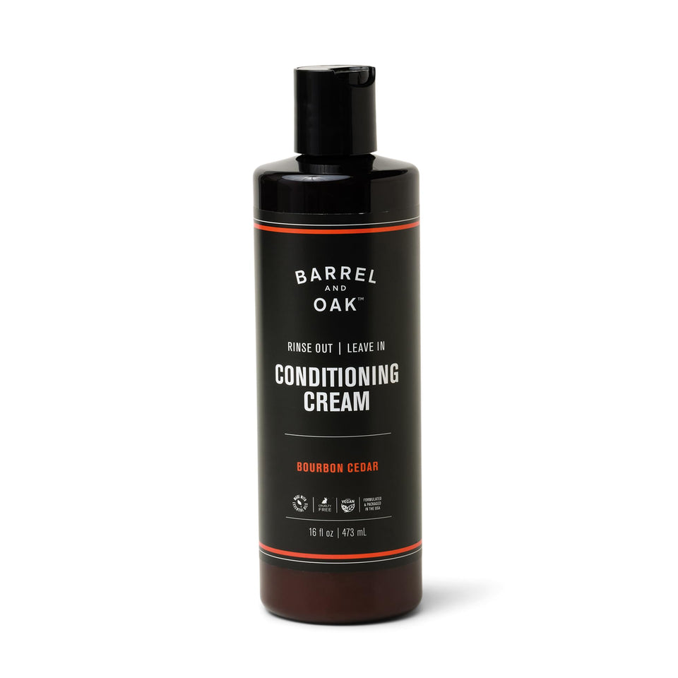 Barrel & Oak front packaging showing 16 oz bottle and bourbon cedar branding for confident grooming