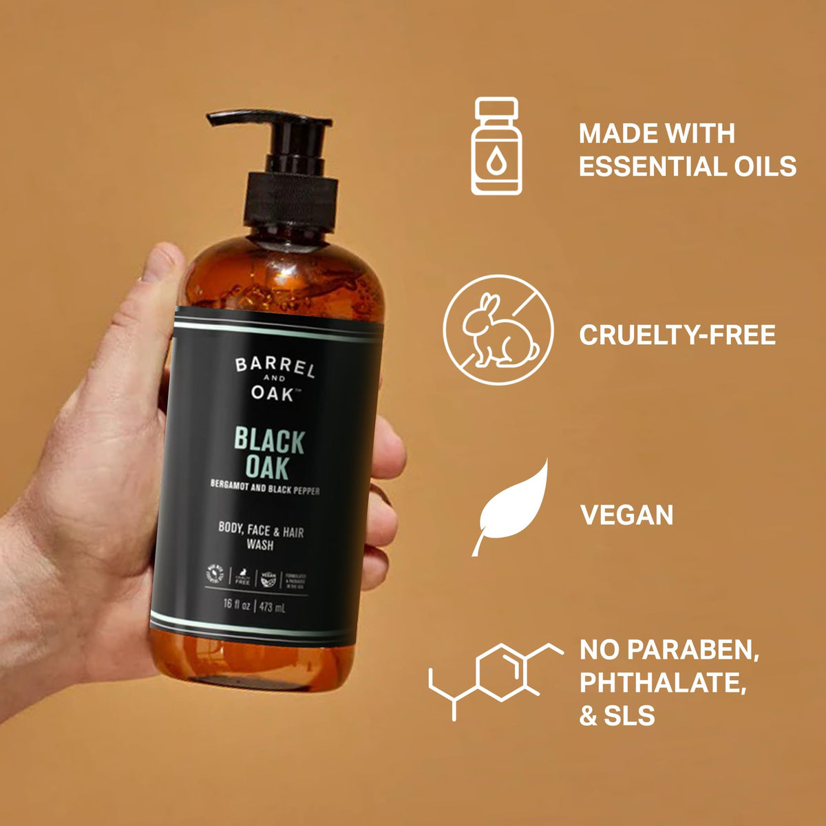 Barrel & Oak bottle in shower for size and ease-of-use during daily routine