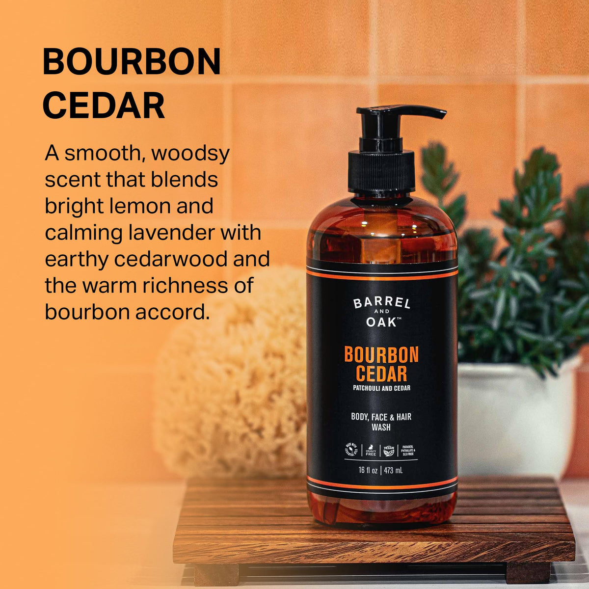 Barrel & Oak label close-up highlighting vegan ingredients and no SLS
