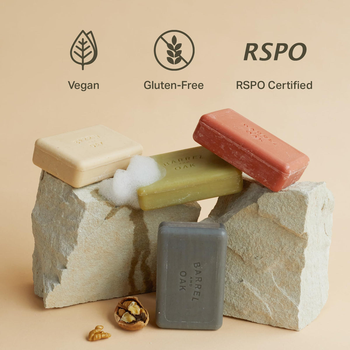 Barrel & Oak soap lathering under shower stream demonstrating rich foam and reliable cleansing