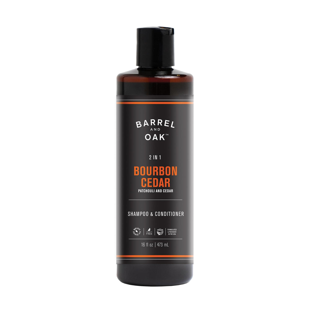 Barrel & Oak front bottle showing bourbon cedar scent and product benefits