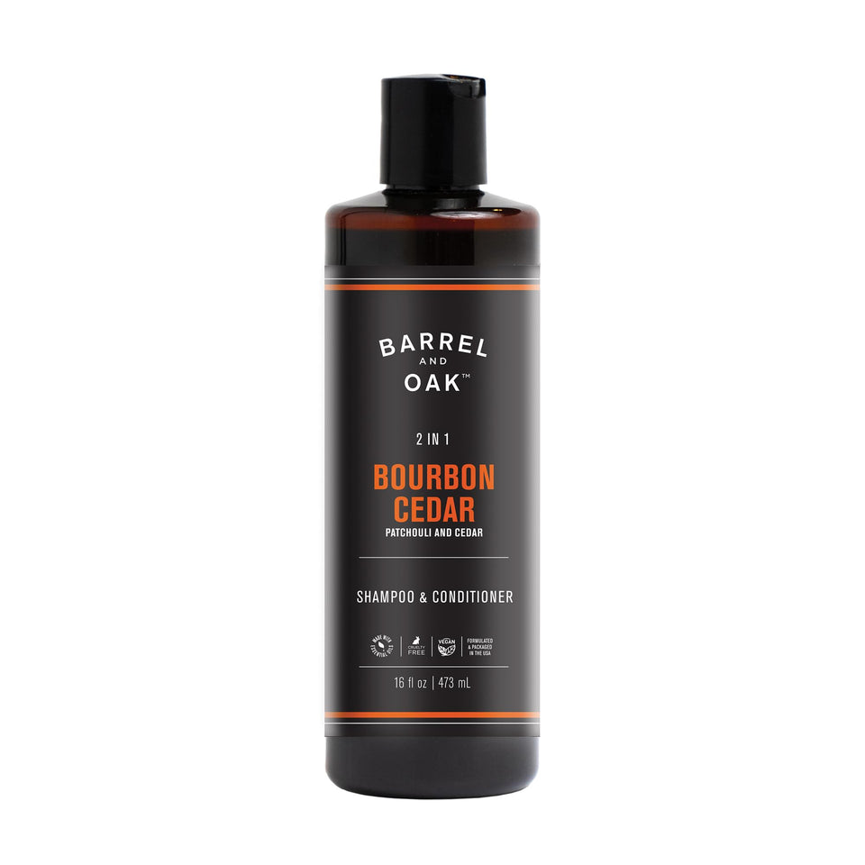 Barrel & Oak front bottle showing bourbon cedar scent and product benefits