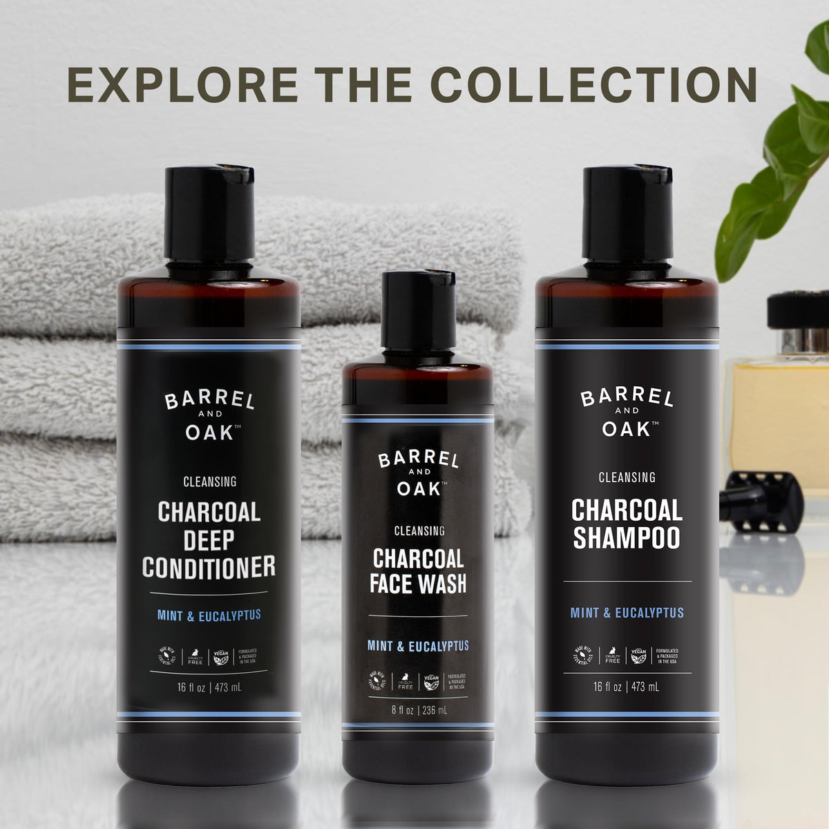 Barrel & Oak shampoo in shower scene conveying refreshing use