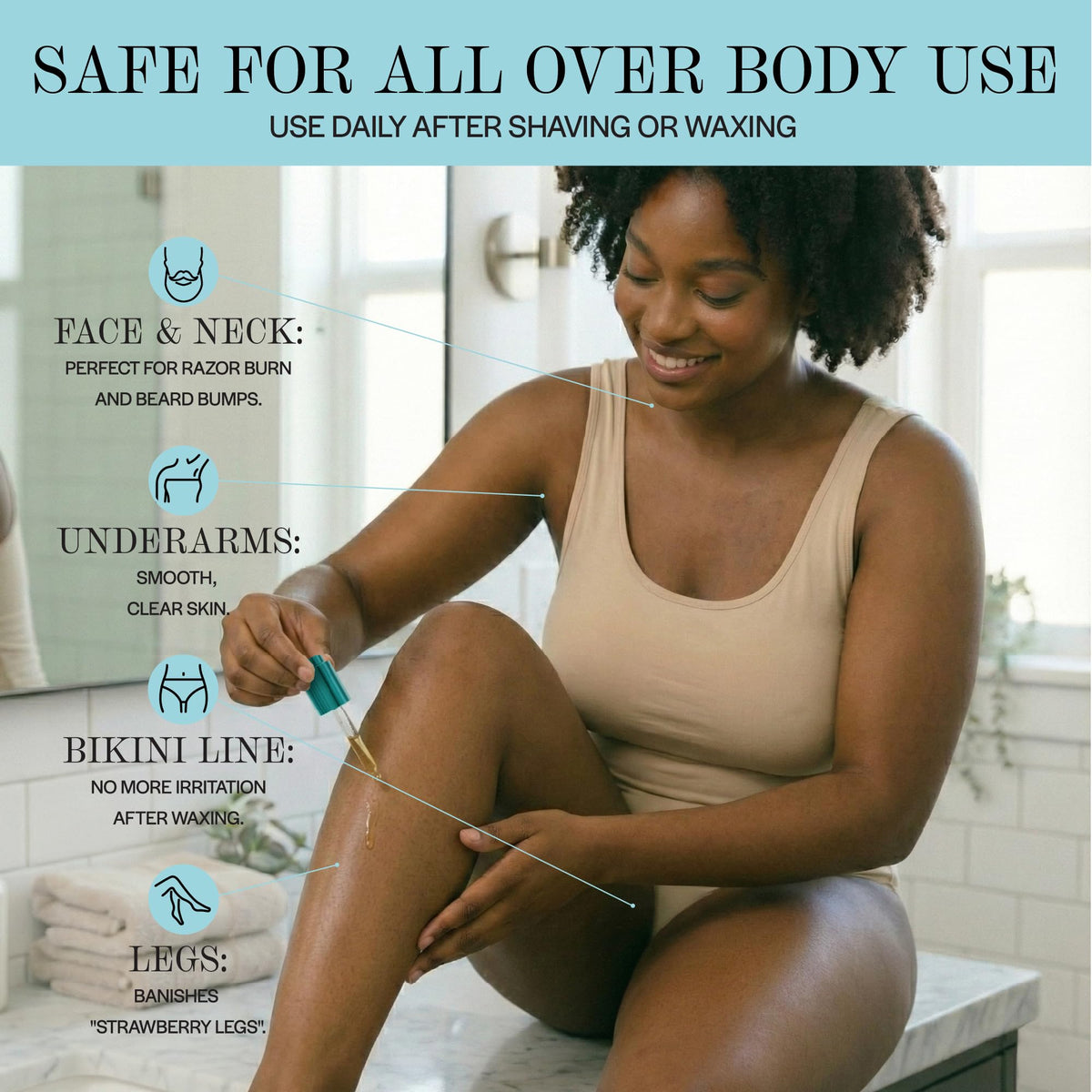 BASE LABORATORIES application on leg demonstrating reduced razor bump discomfort