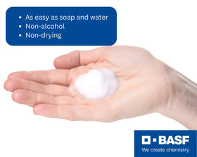 BASF in-hand travel use showing portability and quick no-rinse cleaning