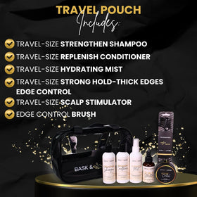 bask & lather shampoo conditioner and treatments aligned highlighting portability benefit