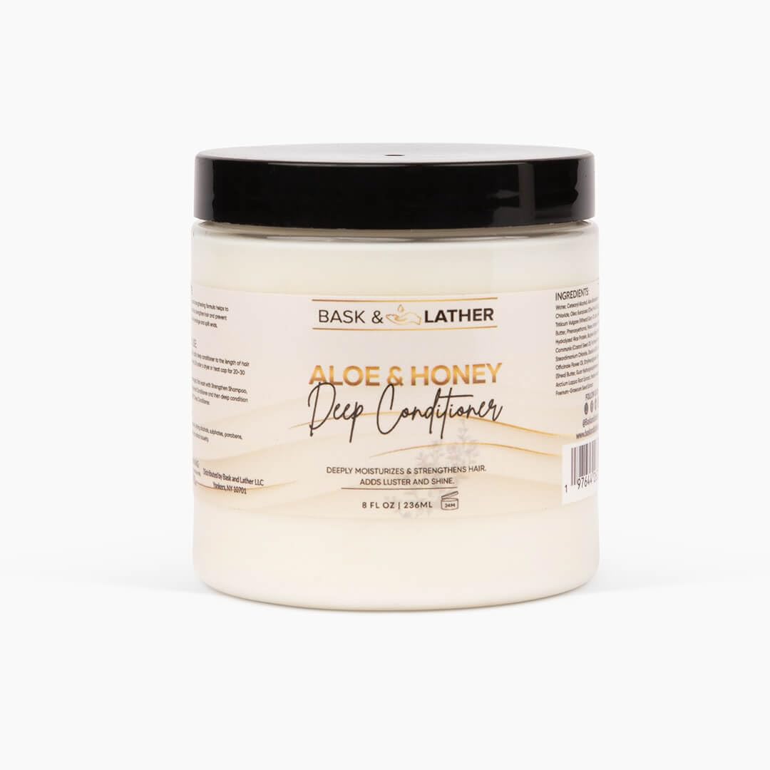BASK & LATHER jar front view showing label and nourishing aloe-honey benefits