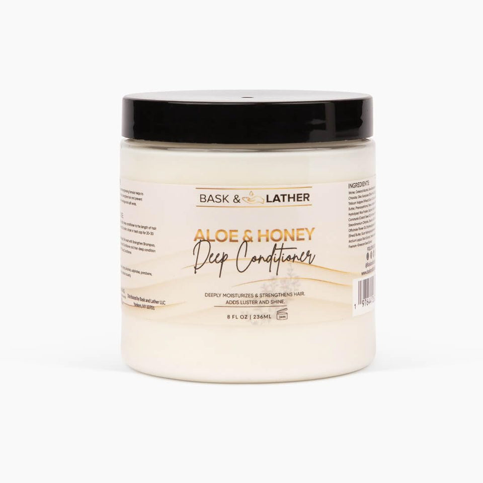 BASK & LATHER jar front view showing label and nourishing aloe-honey benefits