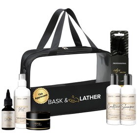 bask & lather travel pouch front view showing compact organization and protection