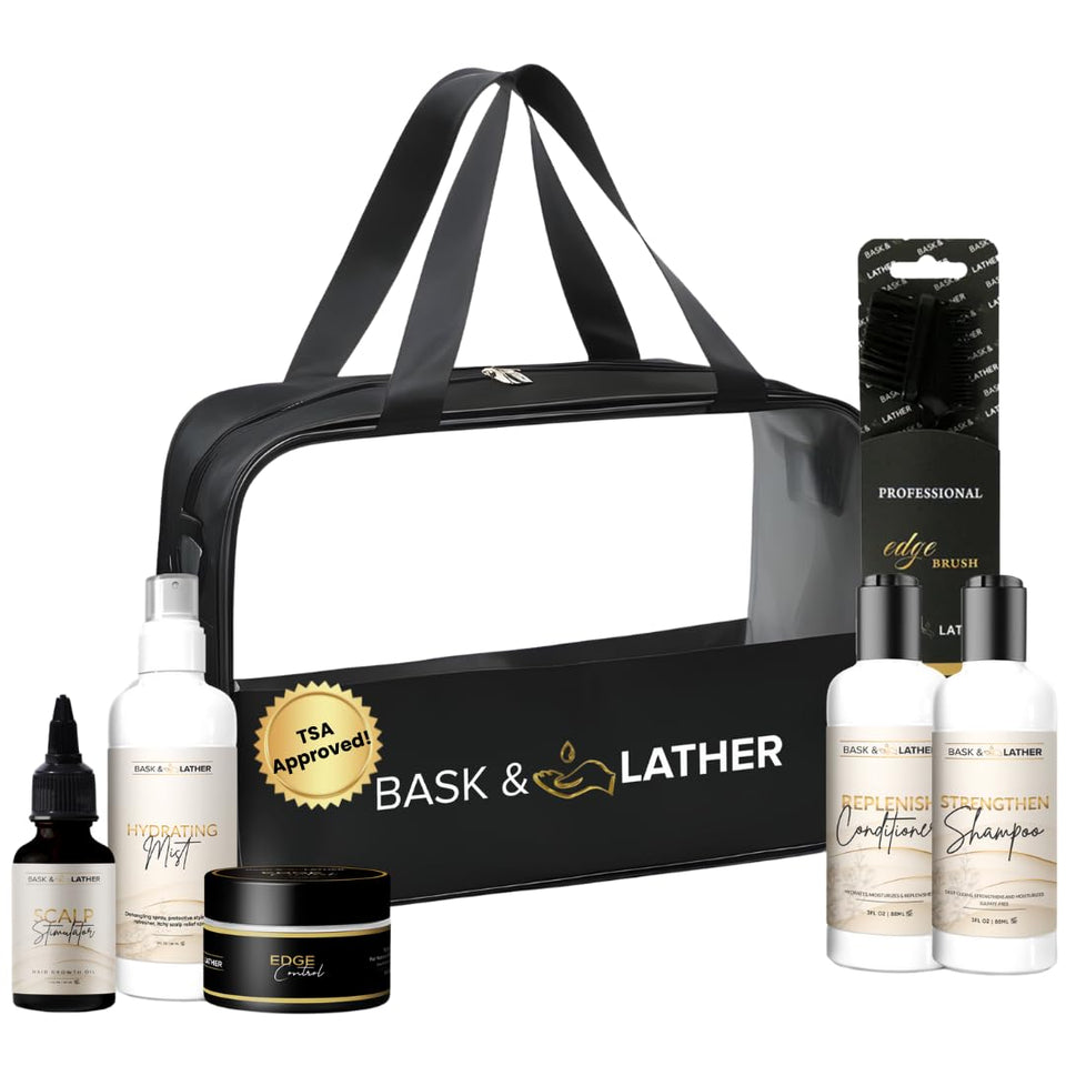 bask & lather travel pouch front view showing compact organization and protection