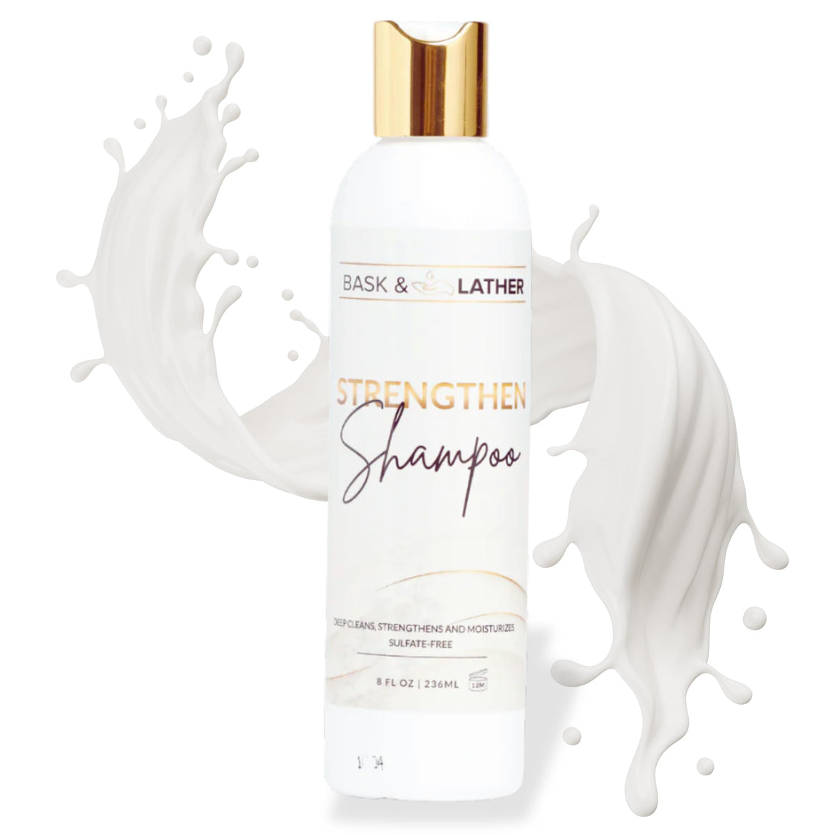 BASK & LATHER front bottle 8 oz showing clean, natural packaging benefit: clarity