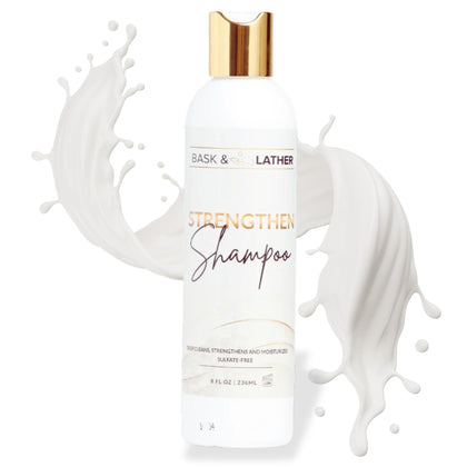 BASK & LATHER front bottle 8 oz showing clean, natural packaging benefit: clarity