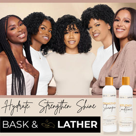 BASK & LATHER shampoo being massaged into wet hair showing scalp nourishment benefit