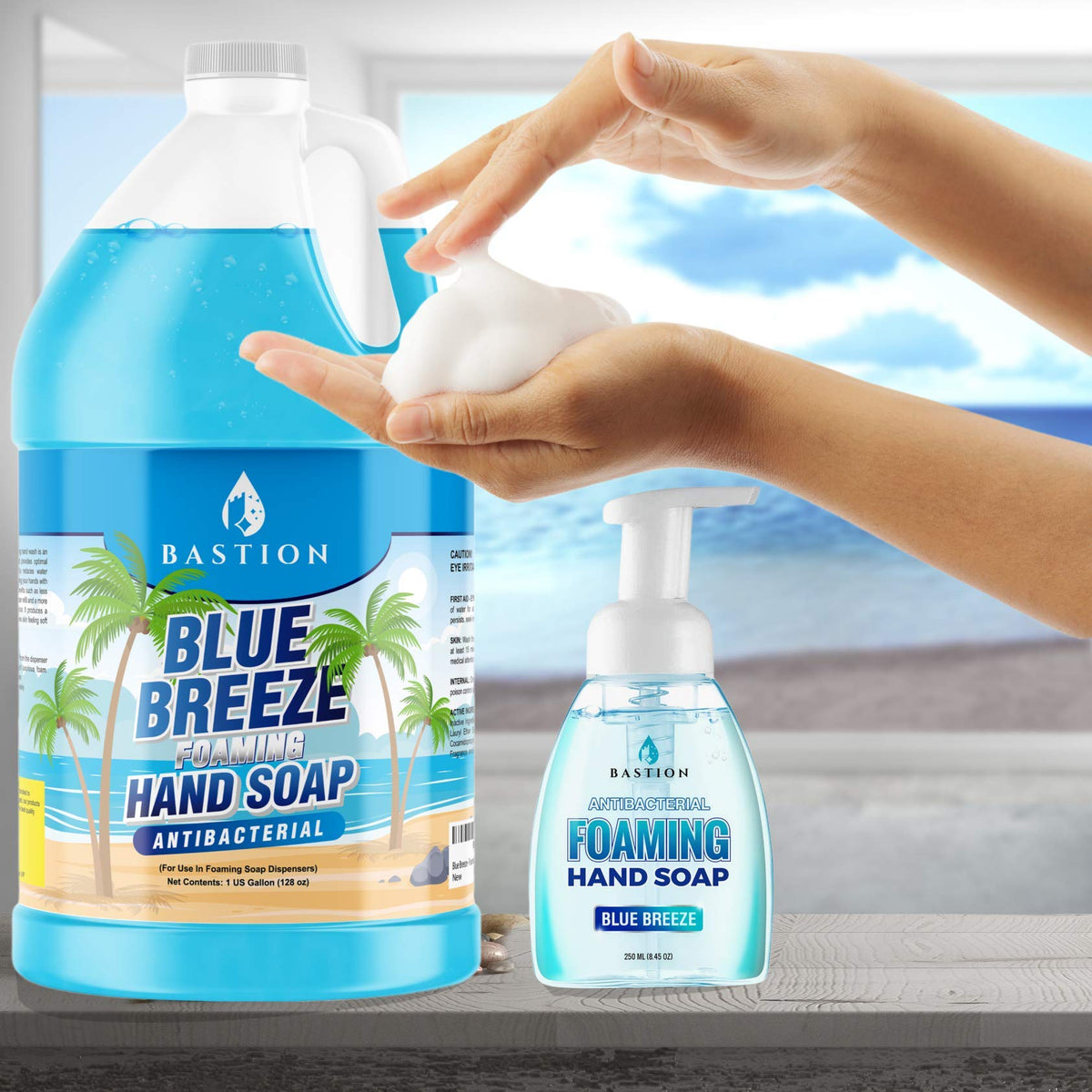 Bastion bottle on kitchen counter promoting clean, pleasant scent