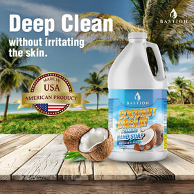 Bastion label close-up highlighting coconut scent and non-toxic benefit