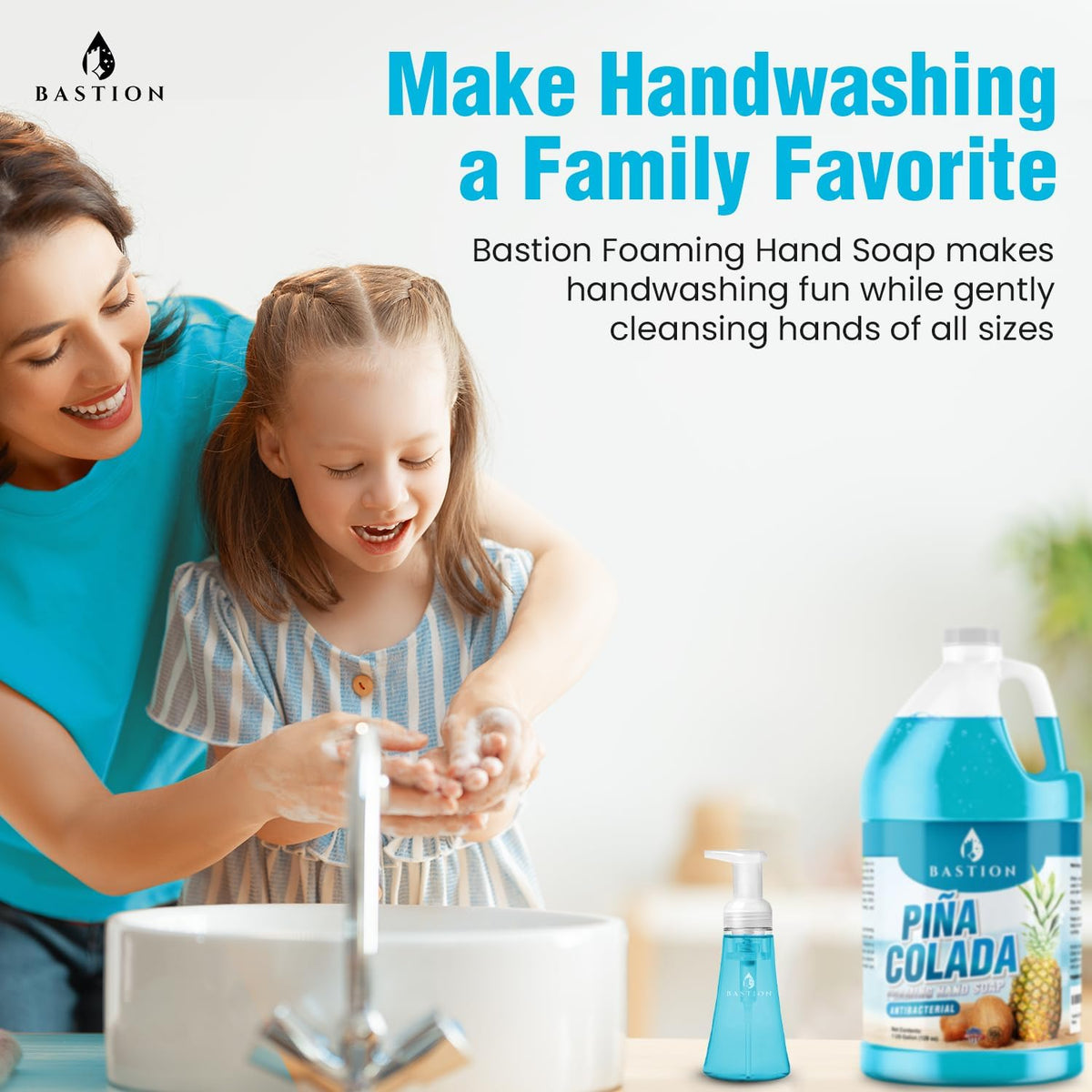Bastion family using soap in bathroom conveying mild formula safe for everyday use