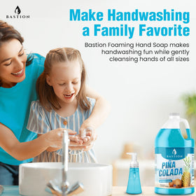 Bastion family using soap in bathroom conveying mild formula safe for everyday use