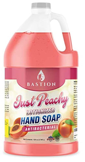 Bastion front label of gallon jug showing product name and peach scent benefit