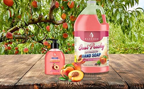 Bastion gallon jug beside a standard soap bottle showing economy and refill capacity benefit