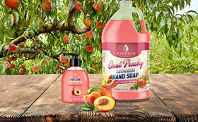 Bastion gallon jug beside a standard soap bottle showing economy and refill capacity benefit