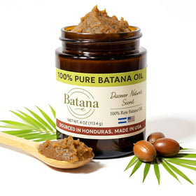 BatanaCo front jar showing label and amber glass preserving oil benefits
