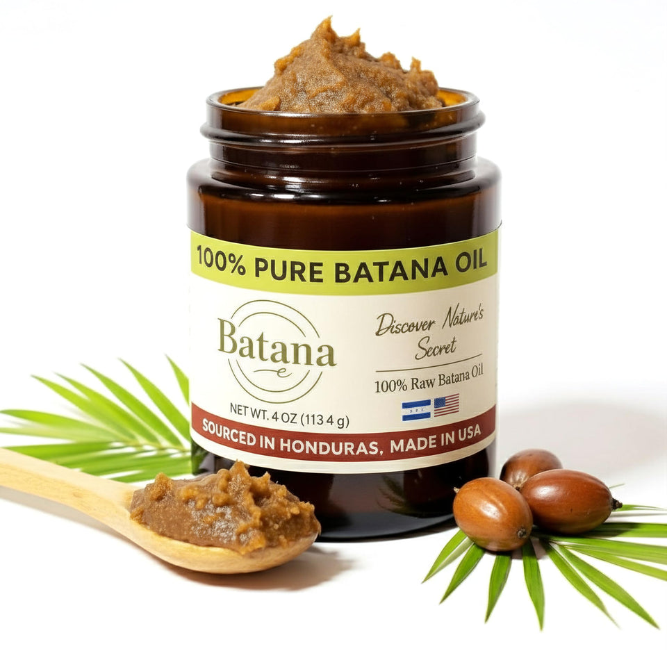 BatanaCo front jar showing label and amber glass preserving oil benefits