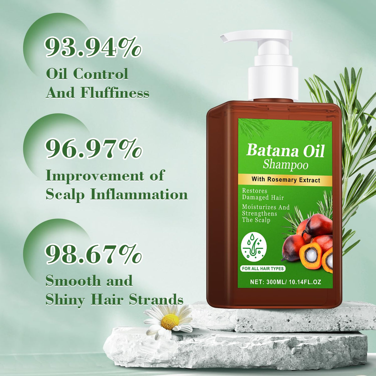 Batana Oil Shampoo beside a hand to show 10.1 fl oz size and home-friendly scale