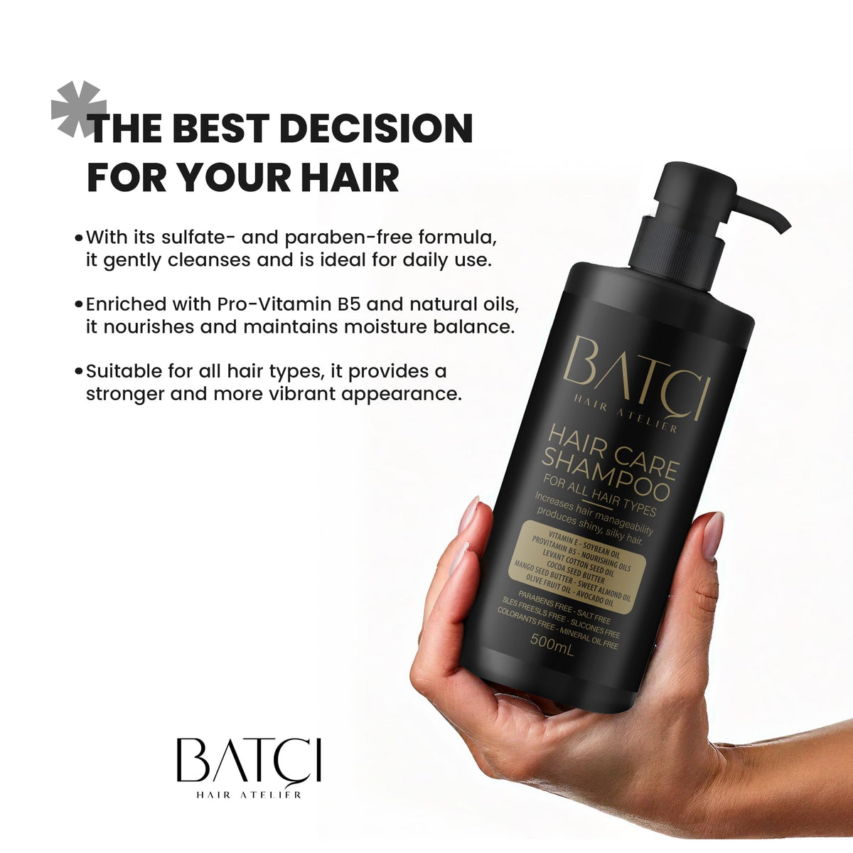 BATCI HAIR ATELIER 500 ml bottle next to everyday items, illustrating generous size and value