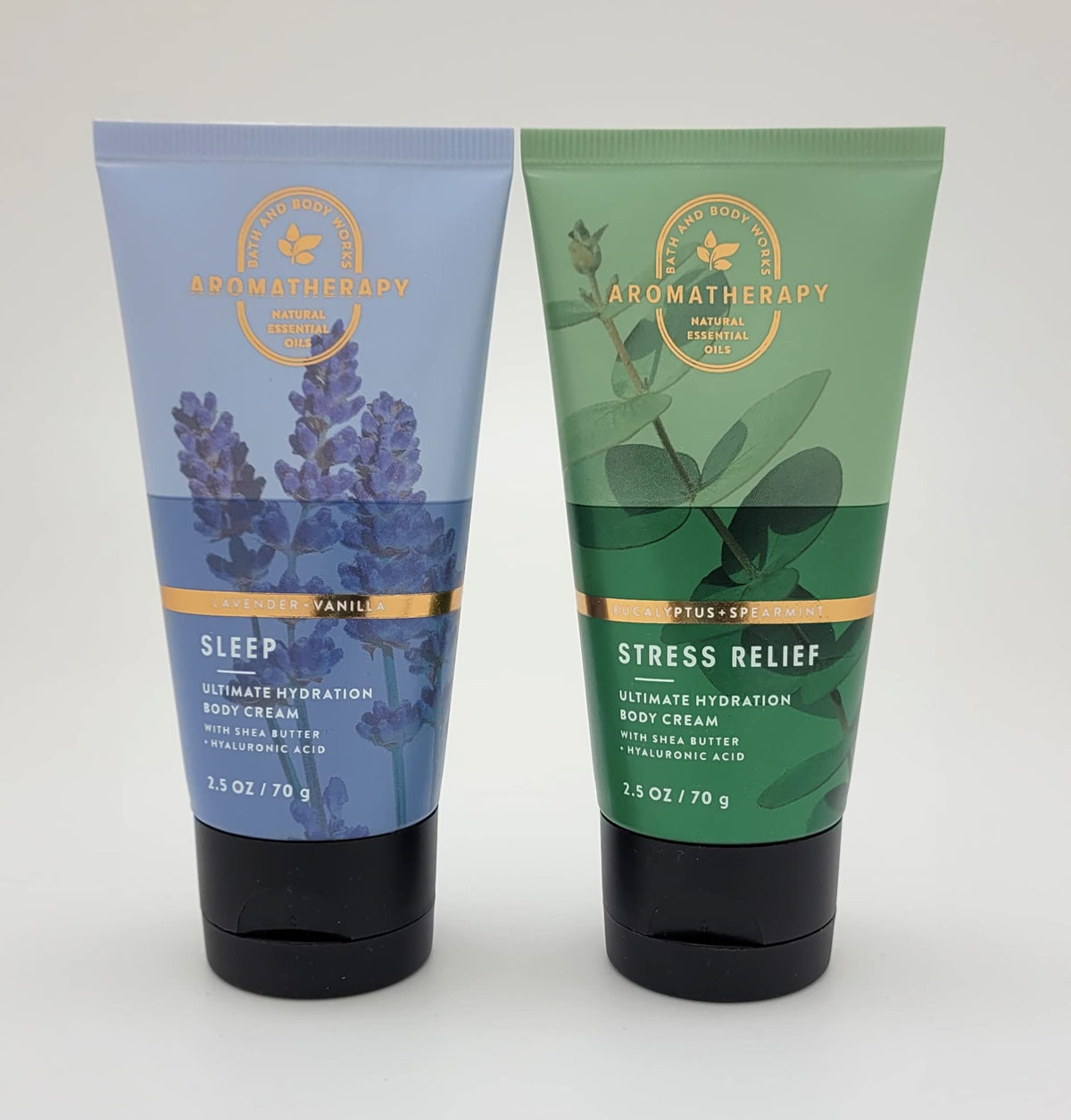 Bath & Body Works front packaging of two travel-size aromatherapy creams, shows convenience