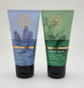 Bath & Body Works front packaging of two travel-size aromatherapy creams, shows convenience