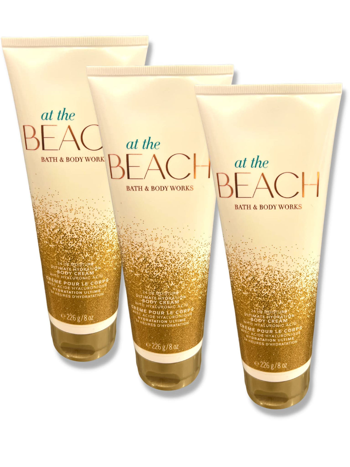 Bath & Body Works front packaging showing three At The Beach tubes, easy gifting