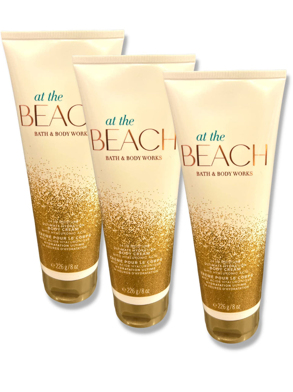 Bath & Body Works front packaging showing three At The Beach tubes, easy gifting