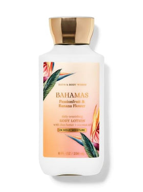 Bath & Body Works bottle front view showing Bahamas Passionfruit and Banana Flower benefit of tropical scent
