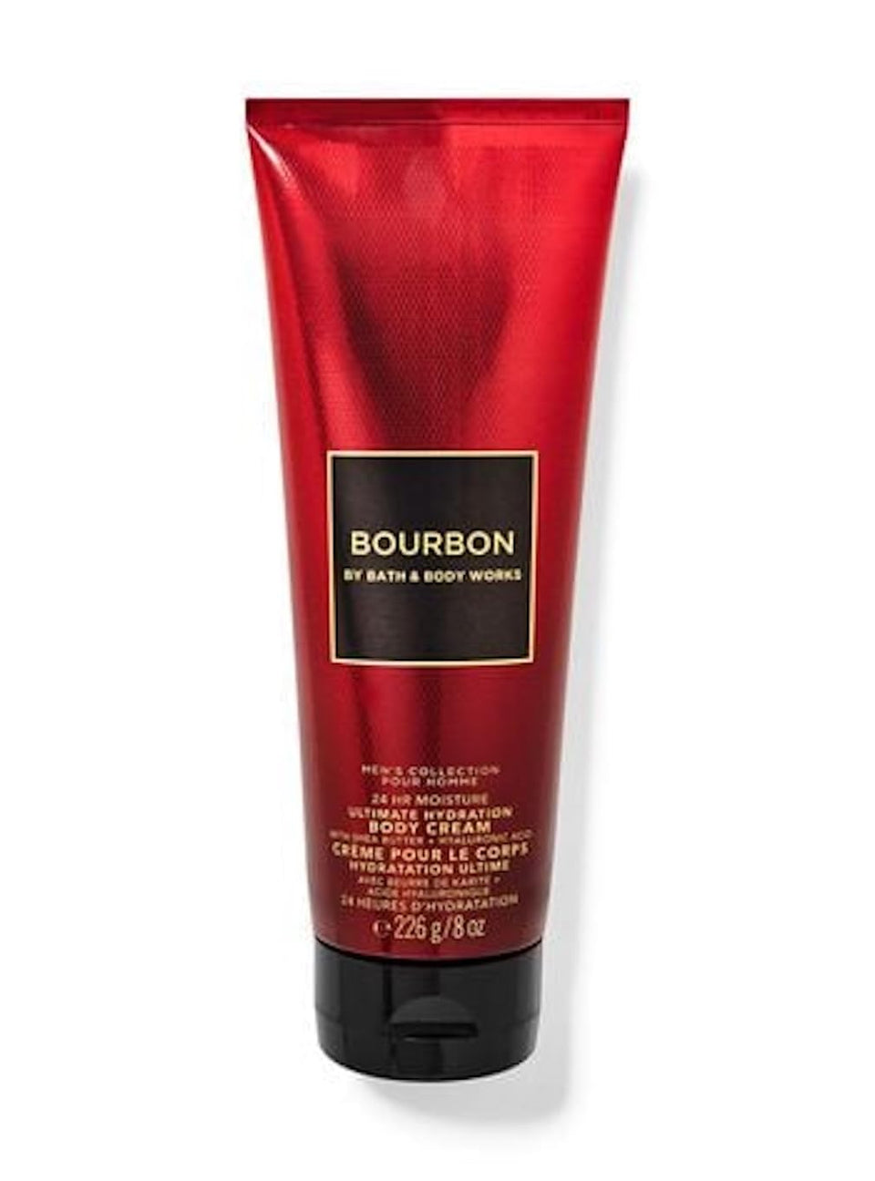 Bath & Body Works Bourbon body cream front bottle showing label and pump, hydrating benefit