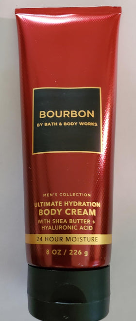 Bath & Body Works man applying bourbon body cream to forearm for lasting hydration benefit