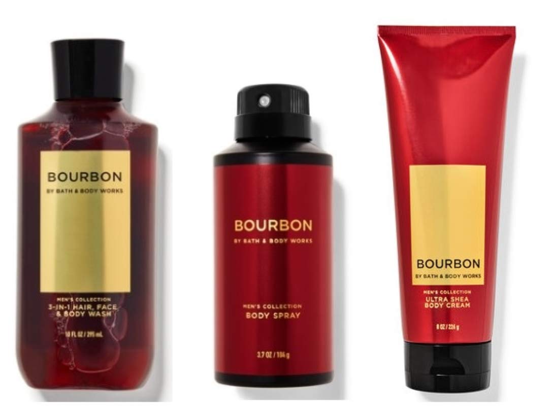 Bath & Body Works Bourbon front packaging showing three-piece grooming set and warm woodsy scent