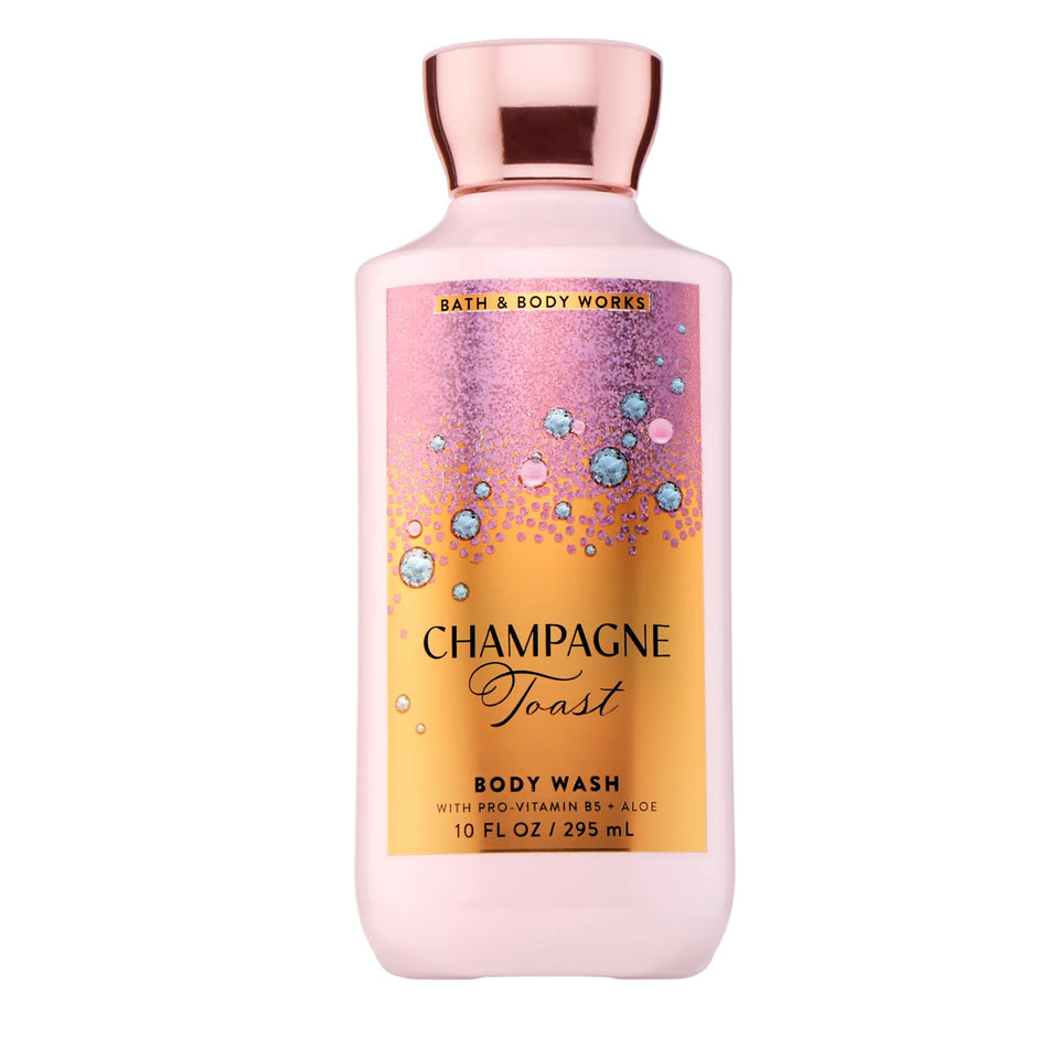 Bath & Body Works front bottle view showing Champagne Toast fragrance and packaging benefit