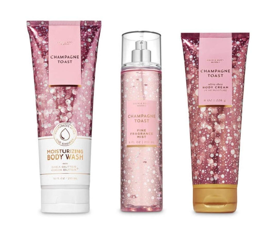 Bath & Body Works Champagne Toast front packaging showing three-piece set benefiting gifting