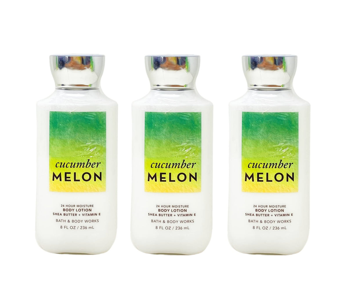 Bath & Body Works front packaging showing three Cucumber Melon bottles, convenient multi-pack
