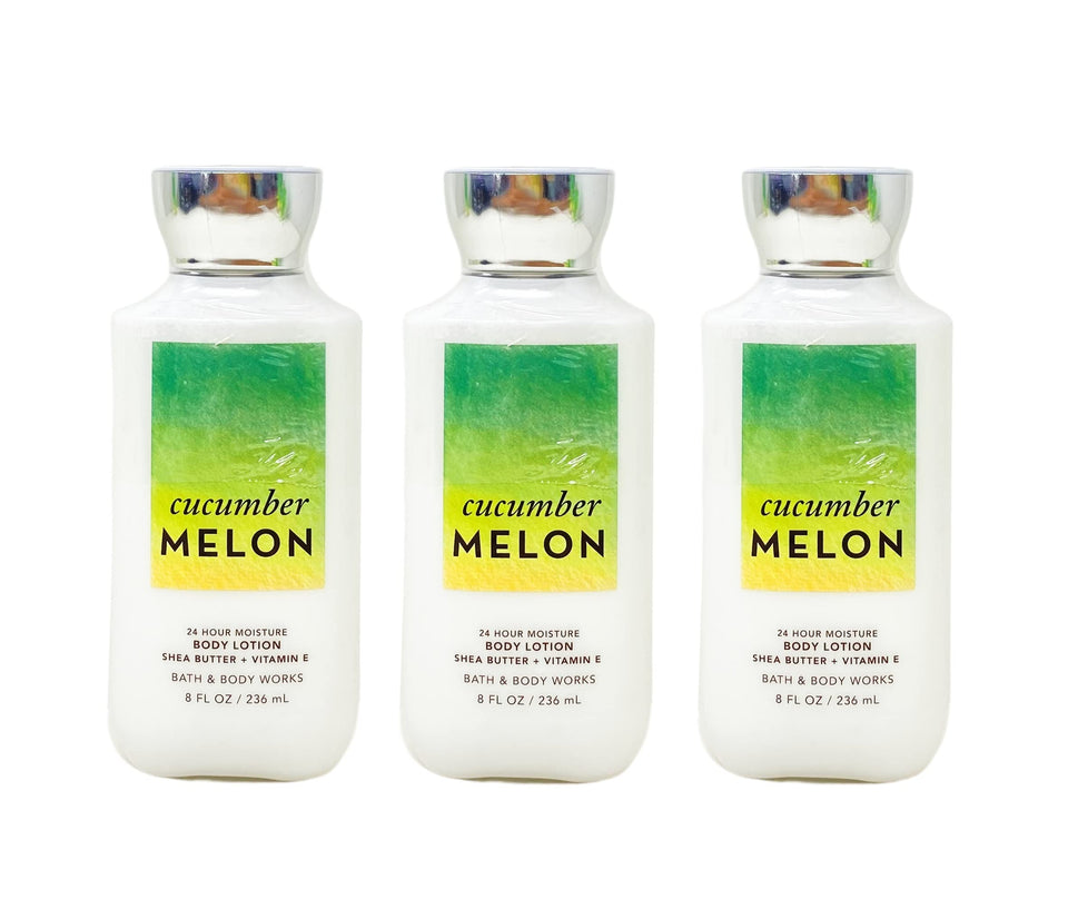 Bath & Body Works front packaging showing three Cucumber Melon bottles, convenient multi-pack