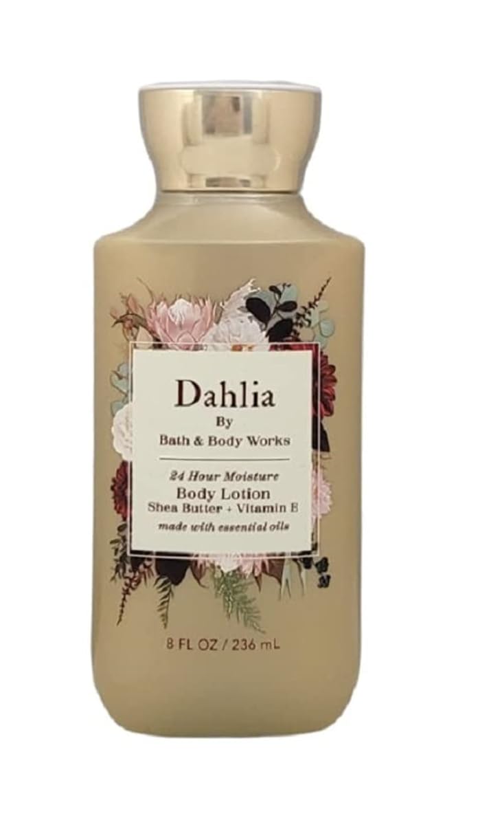 Bath & Body Works Dahlia front packaging with visible label and moisturizing benefits