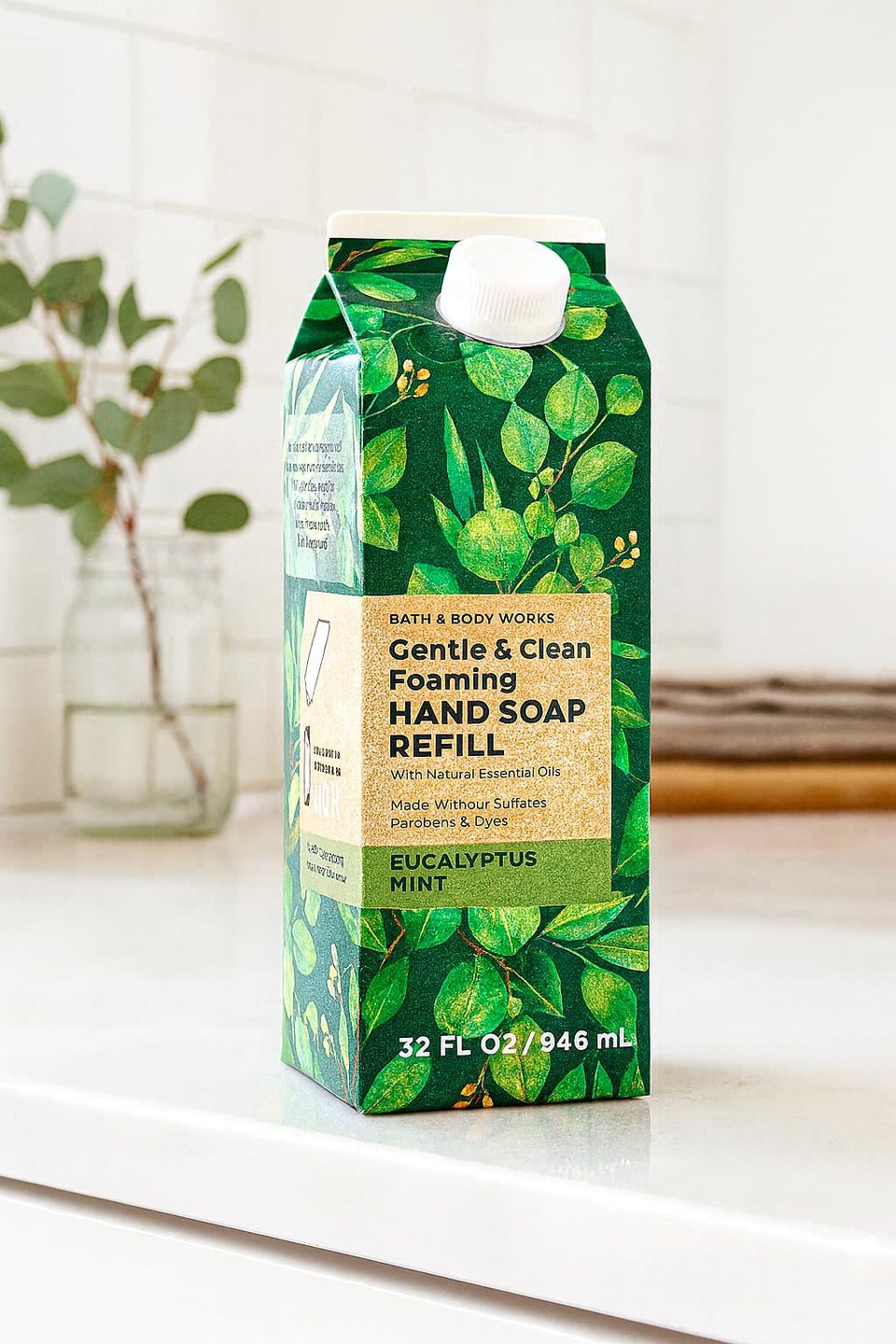 Bath & Body Works refill front bottle showing label and easy-pour design for low-waste refills