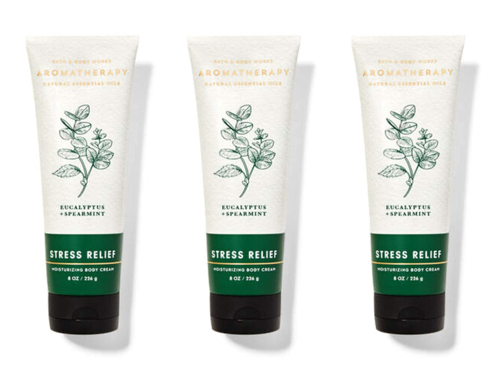 Bath & Body Works front packaging showing three green tubes and calming benefit