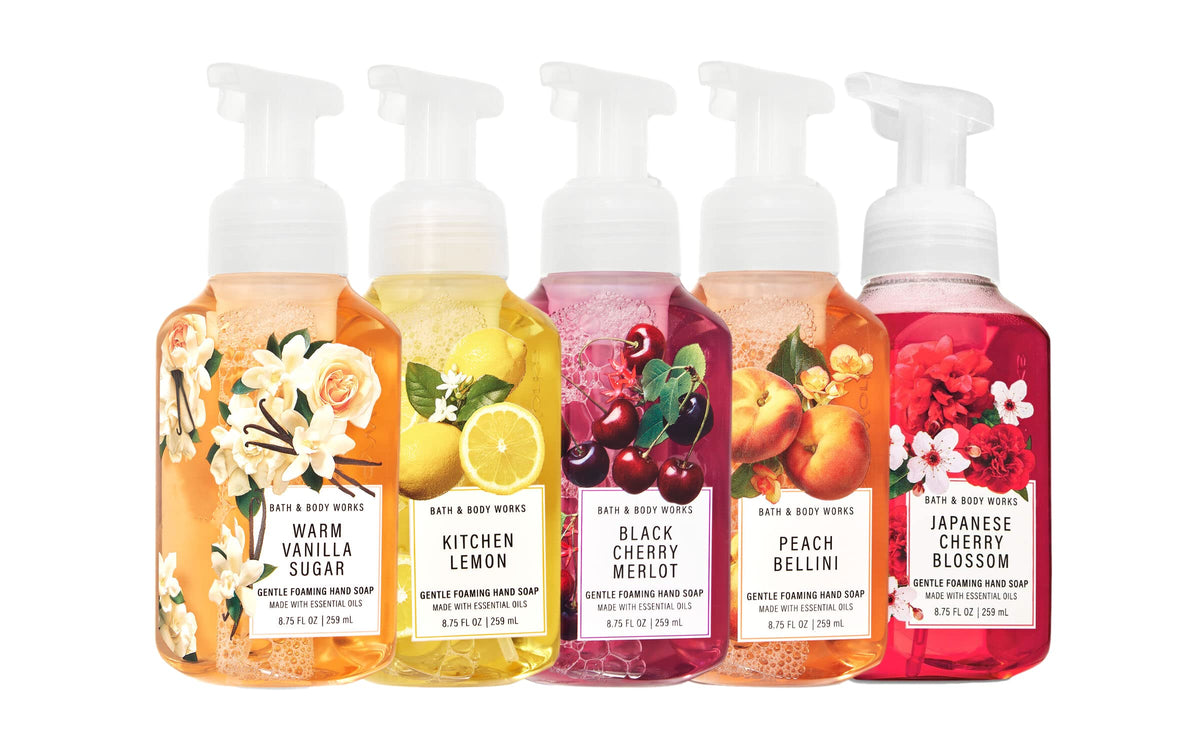 Bath & Body Works five-pack front view showing assorted foaming soap bottles and inviting scents