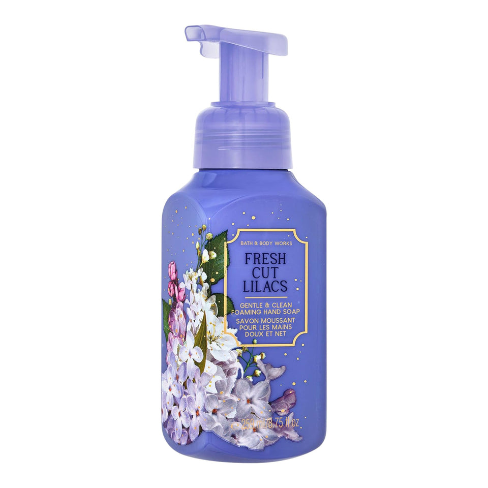 Bath & Body Works bottle front view showing Fresh Cut Lilacs scent and soft foam benefits