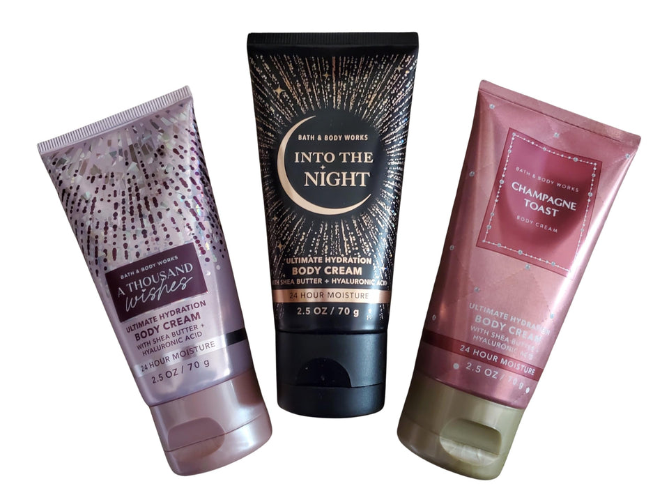 Bath & Body Works front packaging trio showing three scent labels and travel size convenience