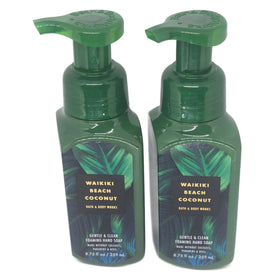 Bath & Body Works front packaging showing two Waikiki Beach Coconut bottles and benefits