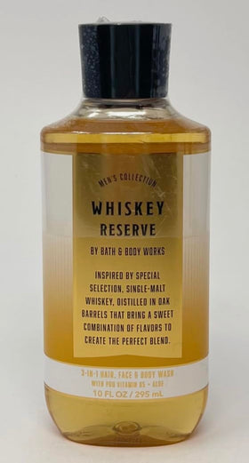 Bath & Body Works front packaging of Whiskey & Reserve Bourbon 3‑in‑1 with clear label benefit