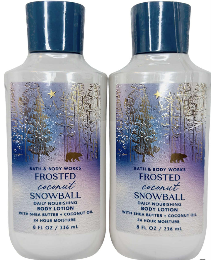 Bath & Body Works front packaging showing two 8 oz Frosted Coconut Snowball bottles and scent benefit