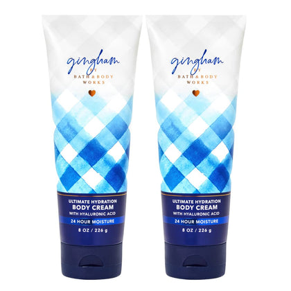 Bath & Body Works Gingham front packaging showing two 8 oz tubes and brand benefit